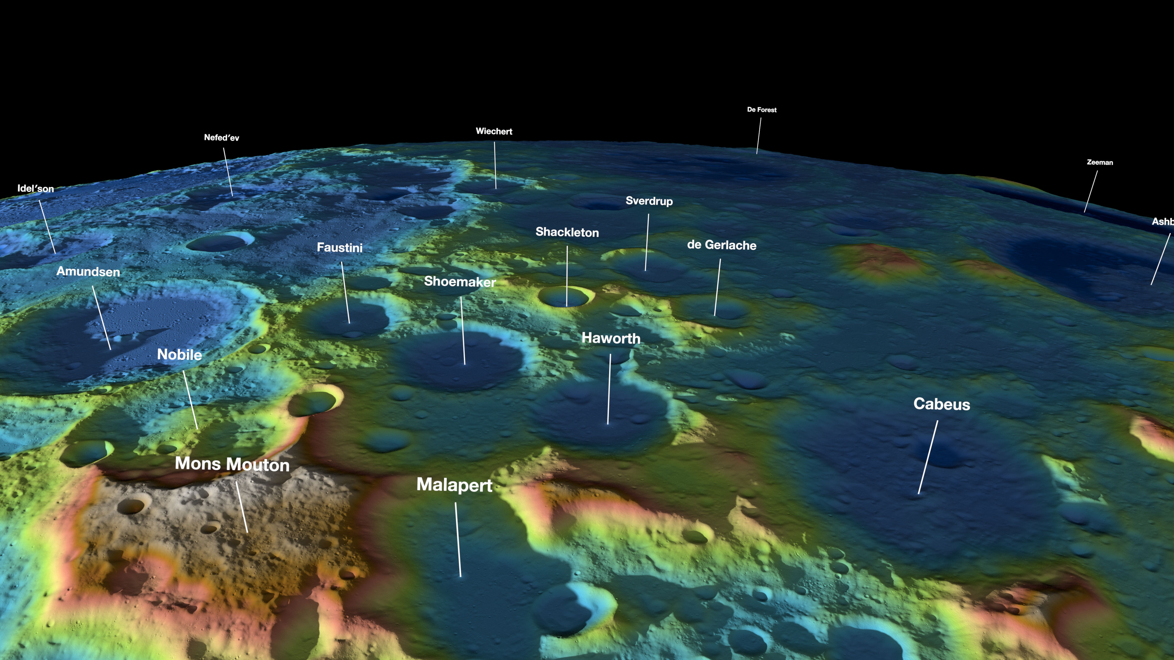 Topography in the vicinity of the lunar south pole with landing site near Haworth crater.