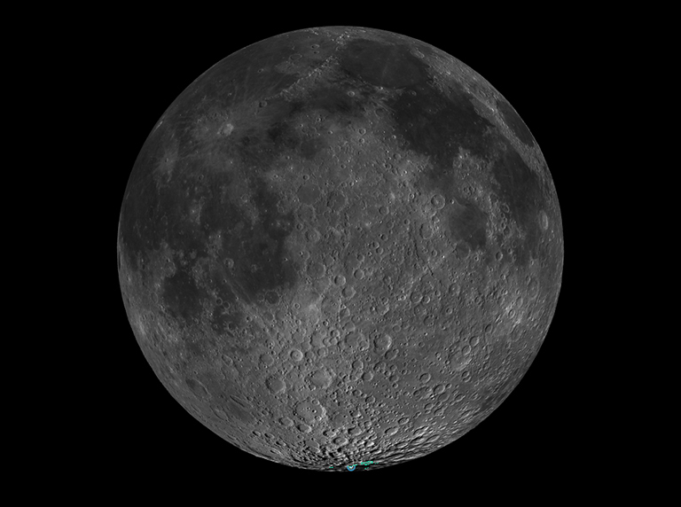 View of the full moon with NASA selected landing sites shown on the south pole (at the bottom of the moon).